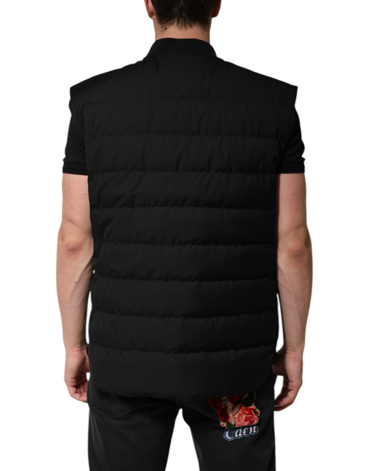 Black Sleeveless Parka Logo Plaque Jacket