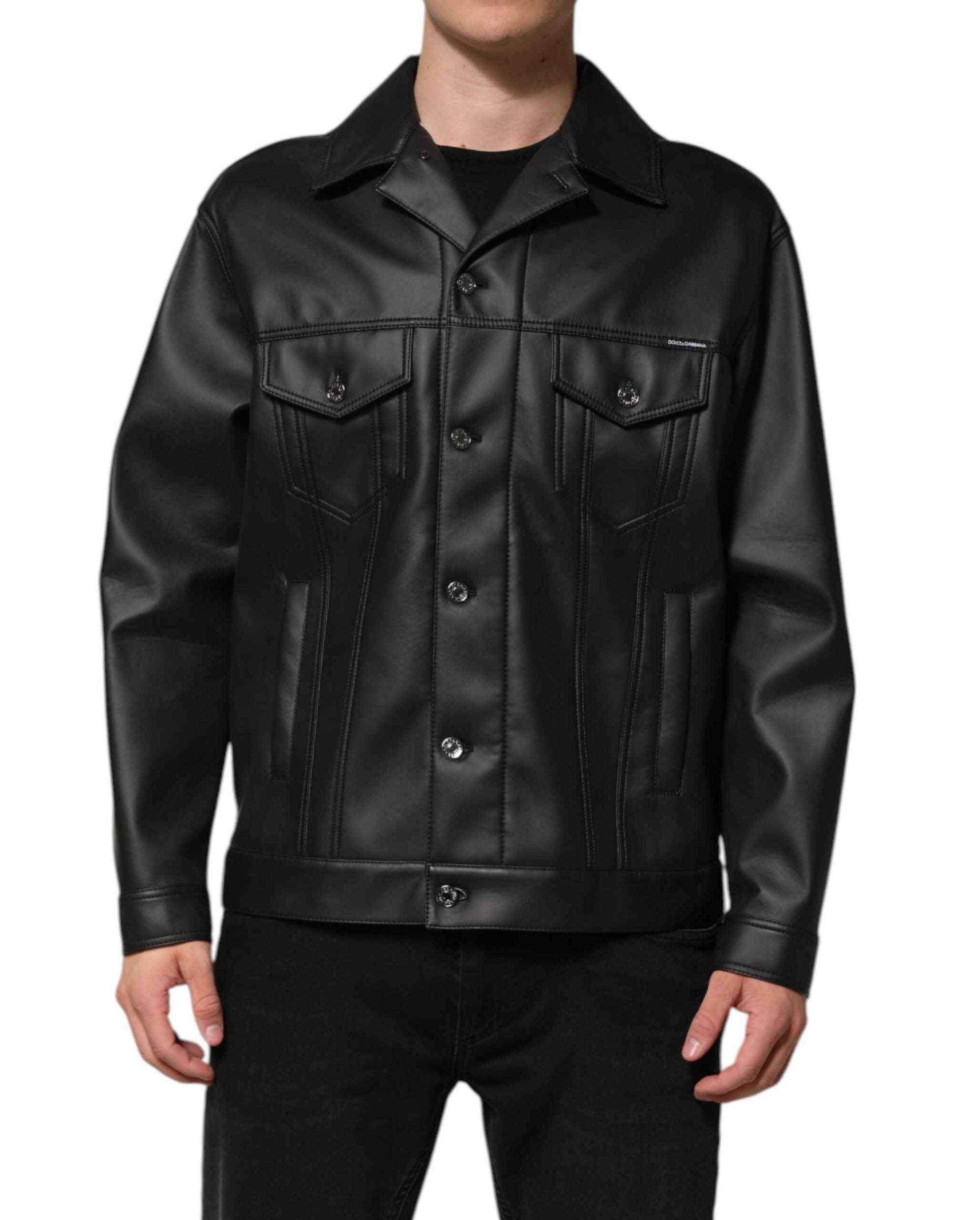 Black Polyester Button Down Biker Jacket