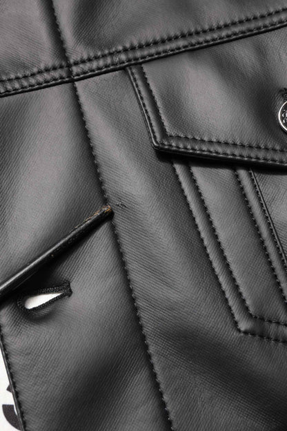 Black Polyester Button Down Biker Jacket