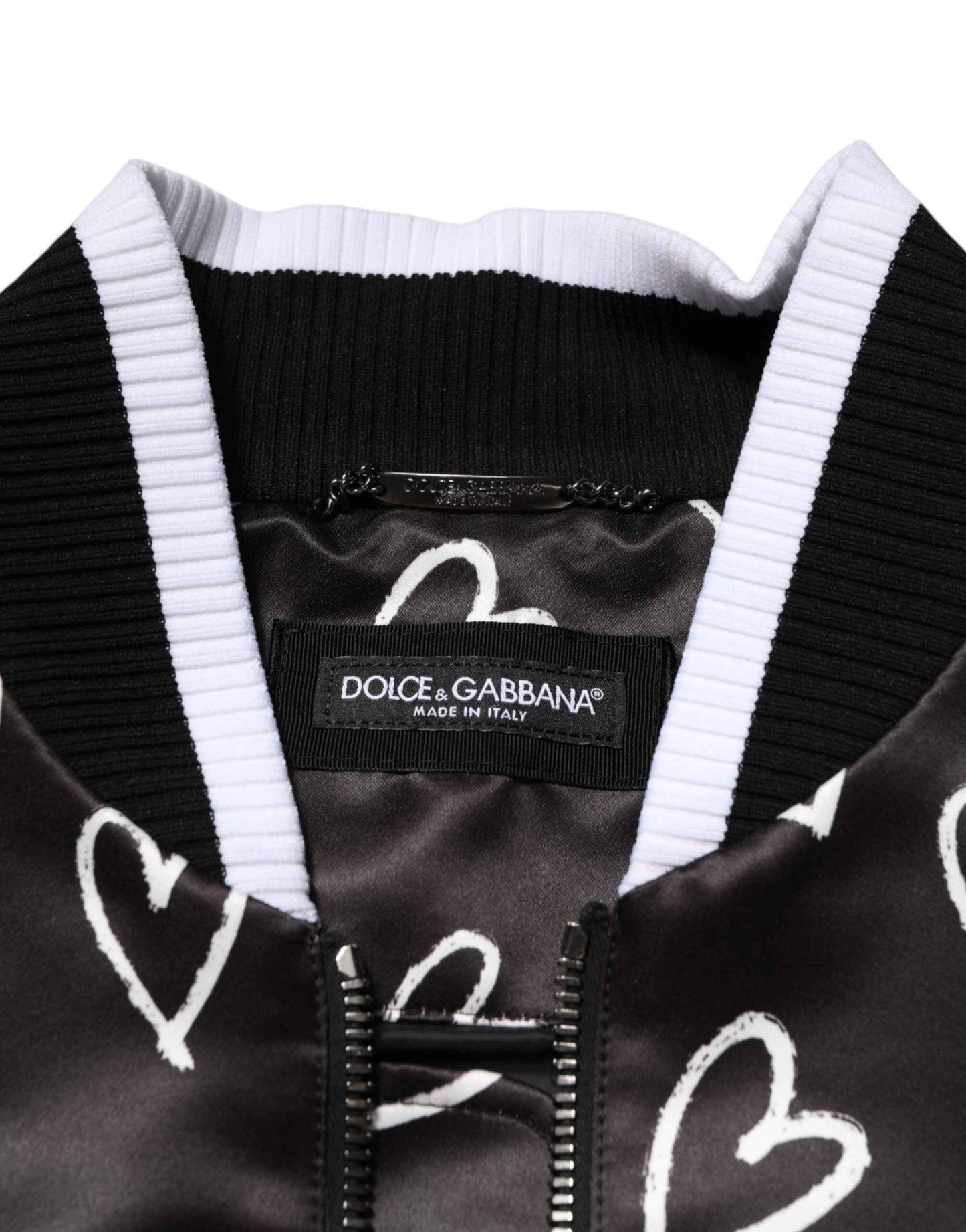 Black Polyester Heart Print Bomber Jacket