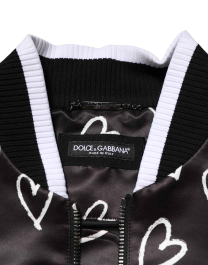 Black Polyester Heart Print Bomber Jacket