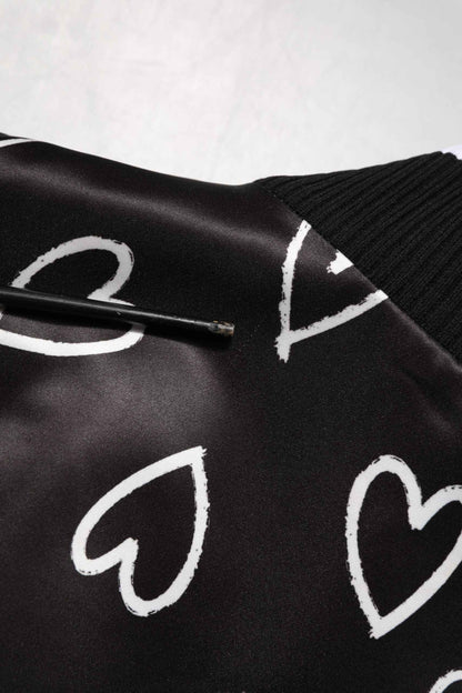 Black Polyester Heart Print Bomber Jacket
