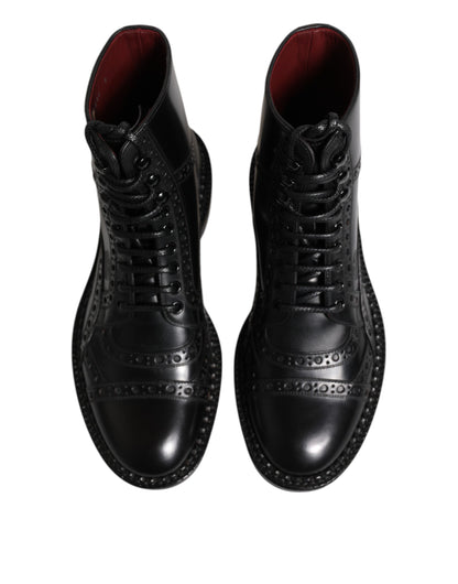 Black Leather Lace Up Mid Calf Boots Shoes