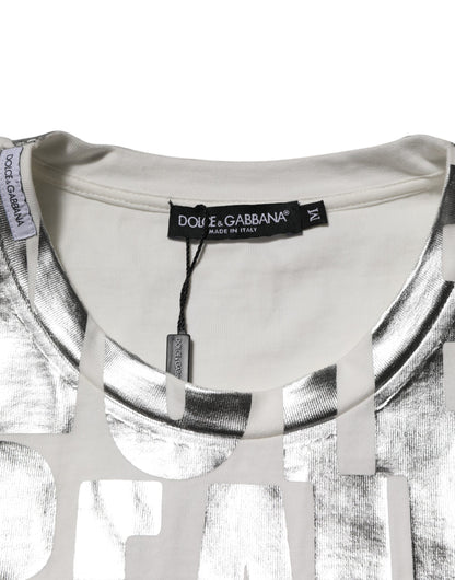 White Cotton Silver Metallic Slogan Print T-shirt