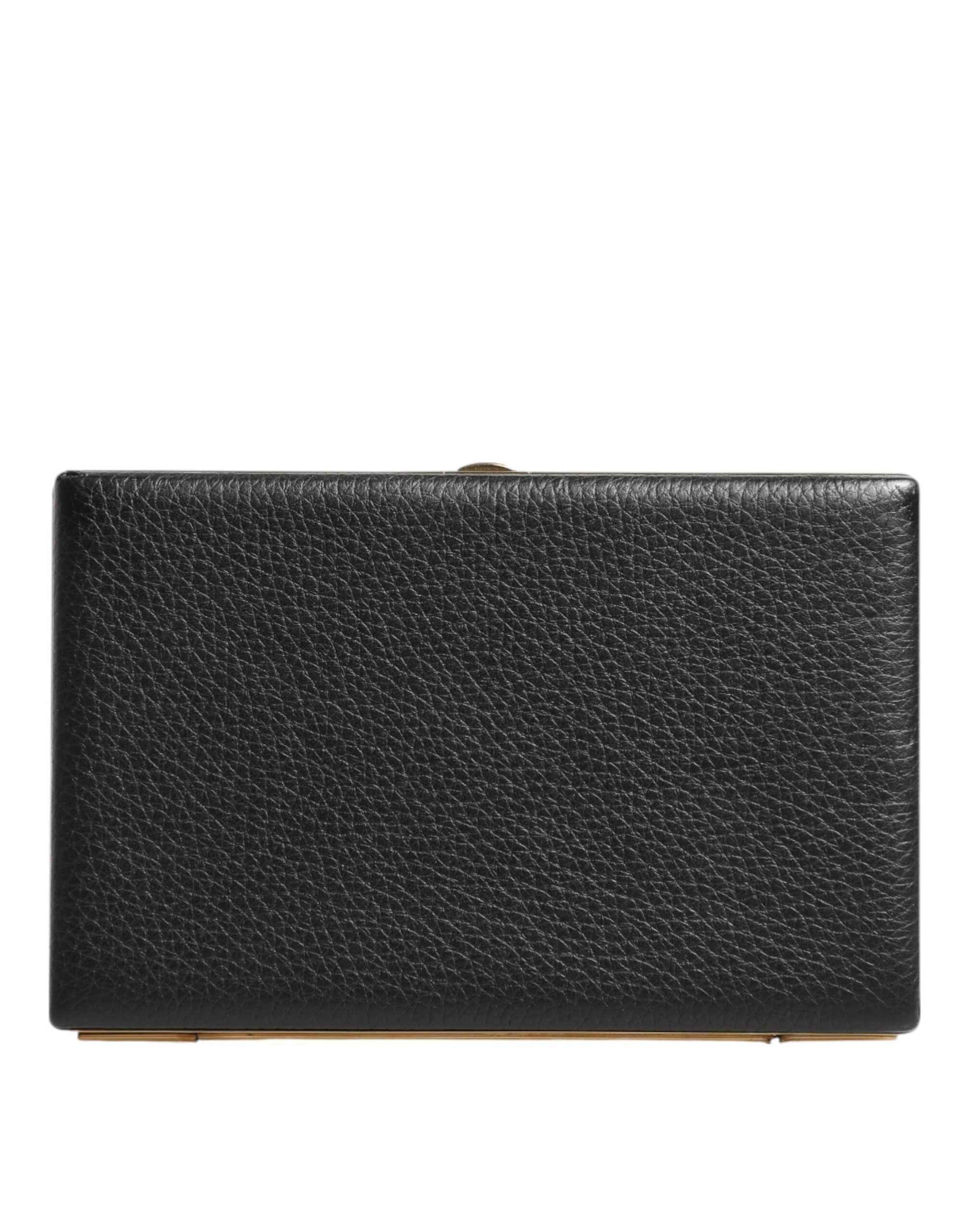 Black Leather Gold Frame Clutch Evening Party Purse Bag