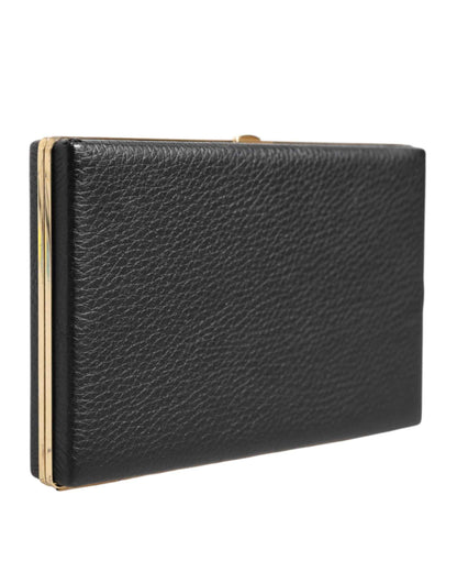 Black Leather Gold Frame Clutch Evening Party Purse Bag