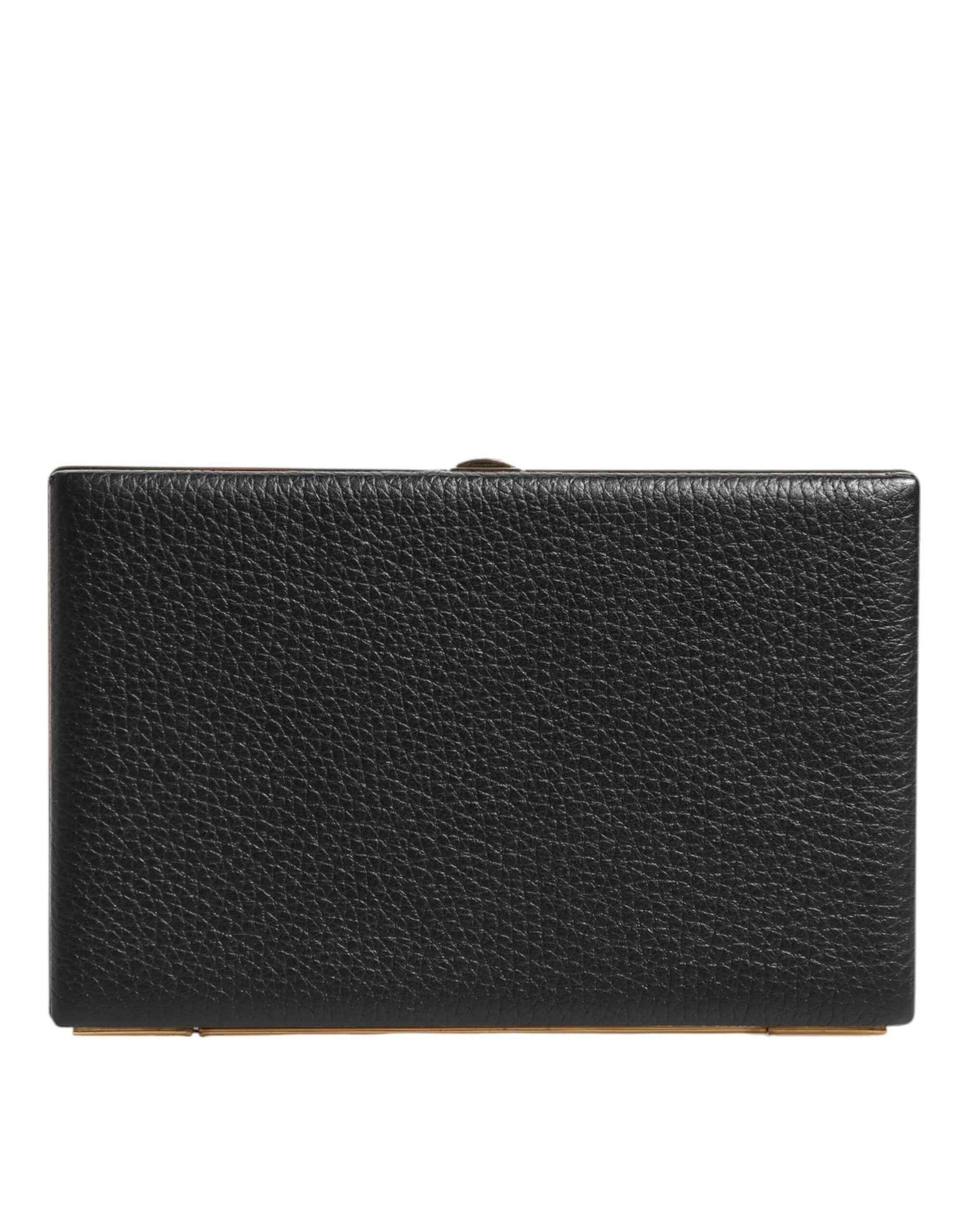 Black Leather Gold Frame Clutch Evening Party Purse Bag