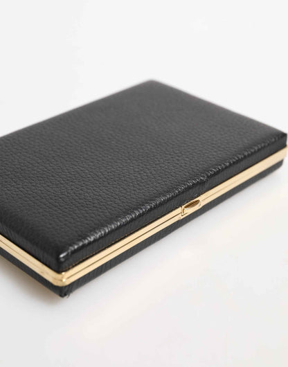 Black Leather Gold Frame Clutch Evening Party Purse Bag