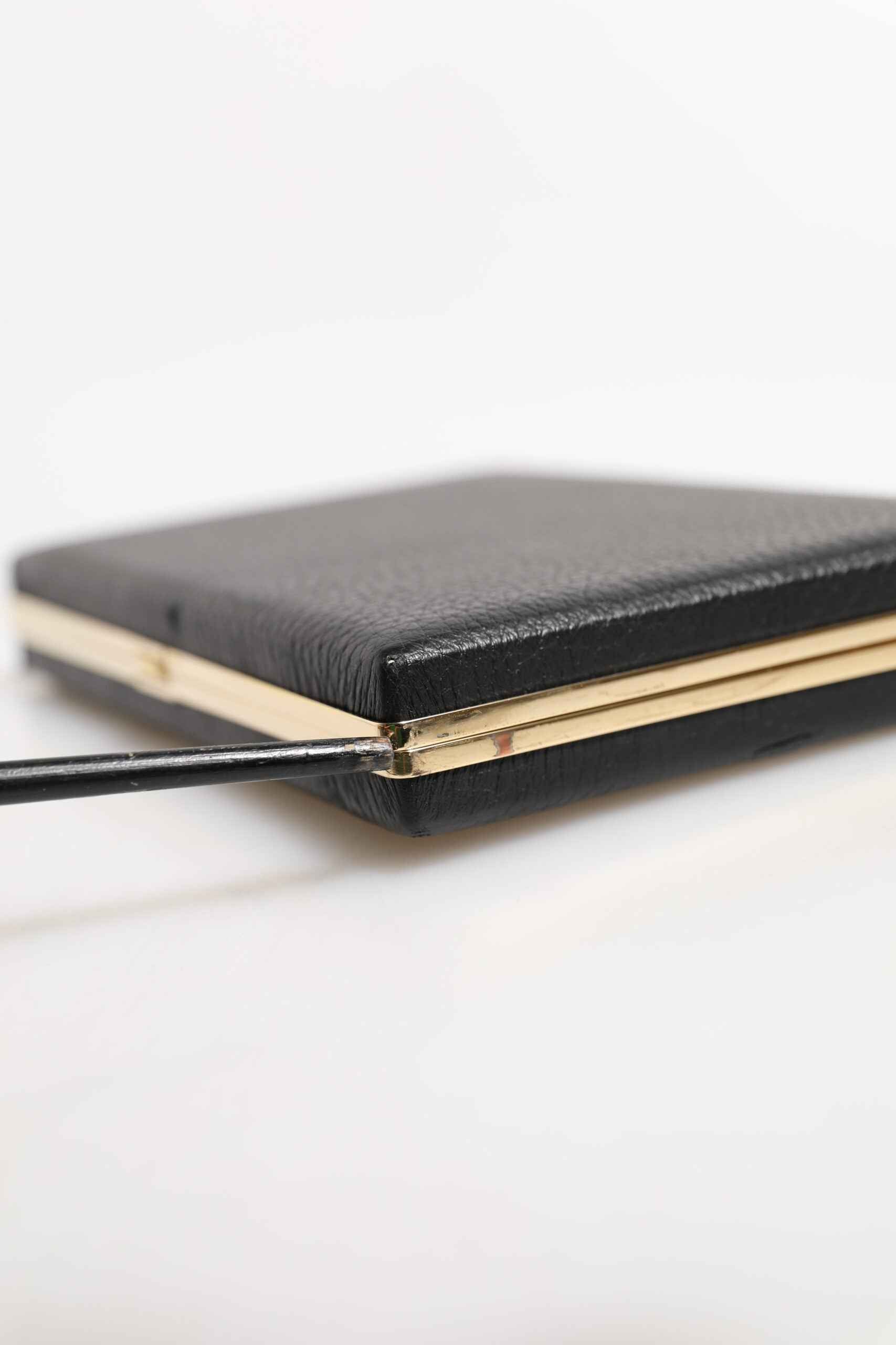 Black Leather Gold Frame Clutch Evening Party Purse Bag