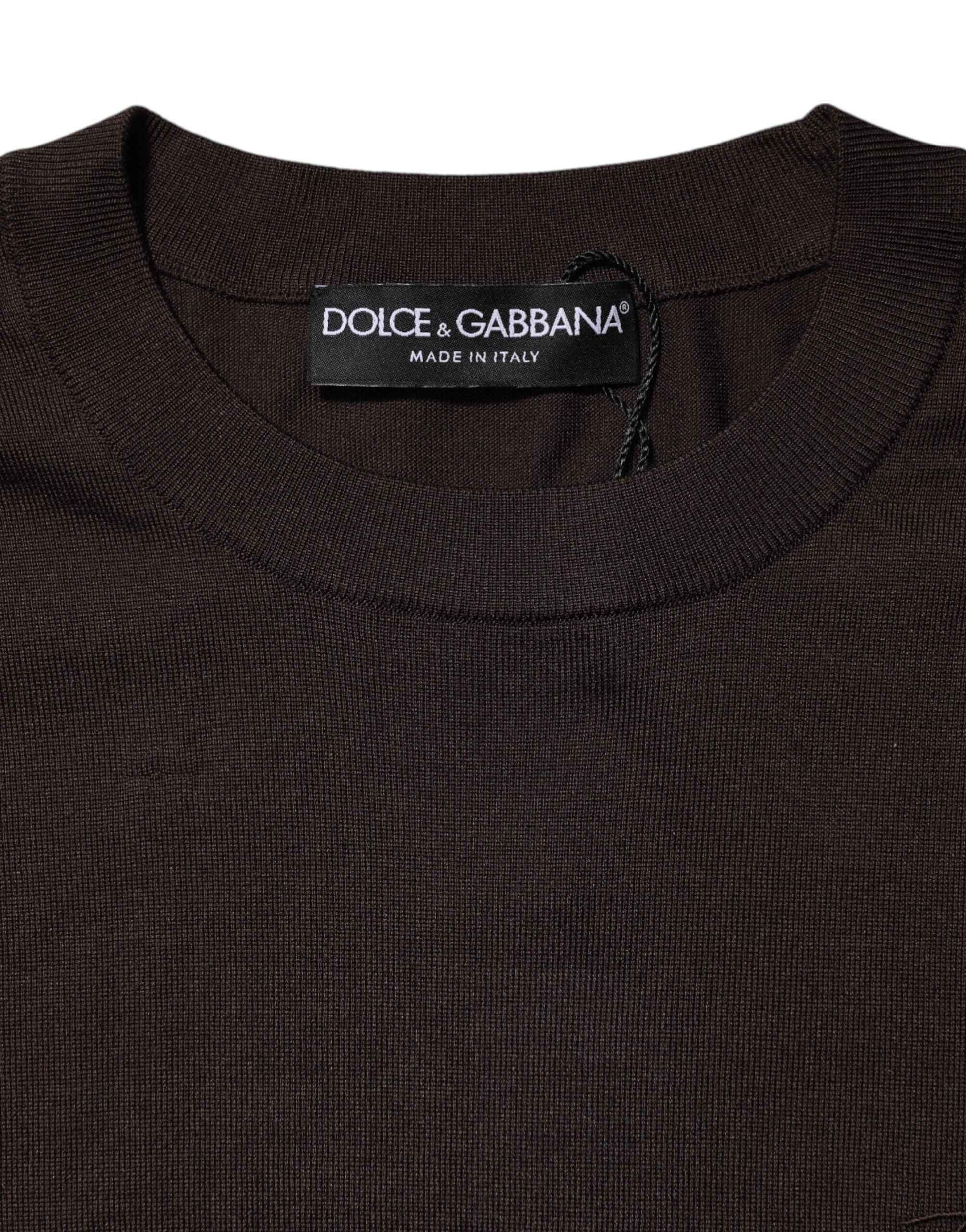 Brown Silk Crew Neck Short Sleeves T-shirt