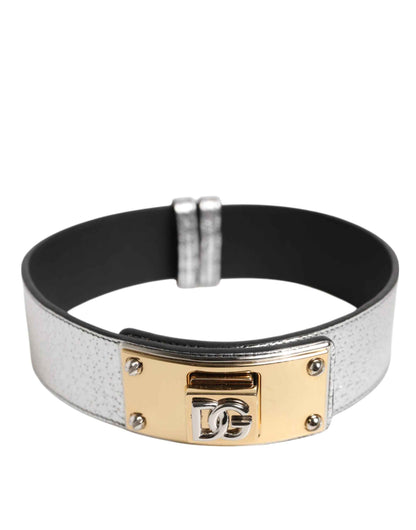 Silver Textured Leather Gold Tone Metal Neckband