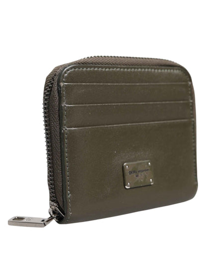 Brown Leather Logo Plaque Card Holder Coin Purse Wallet