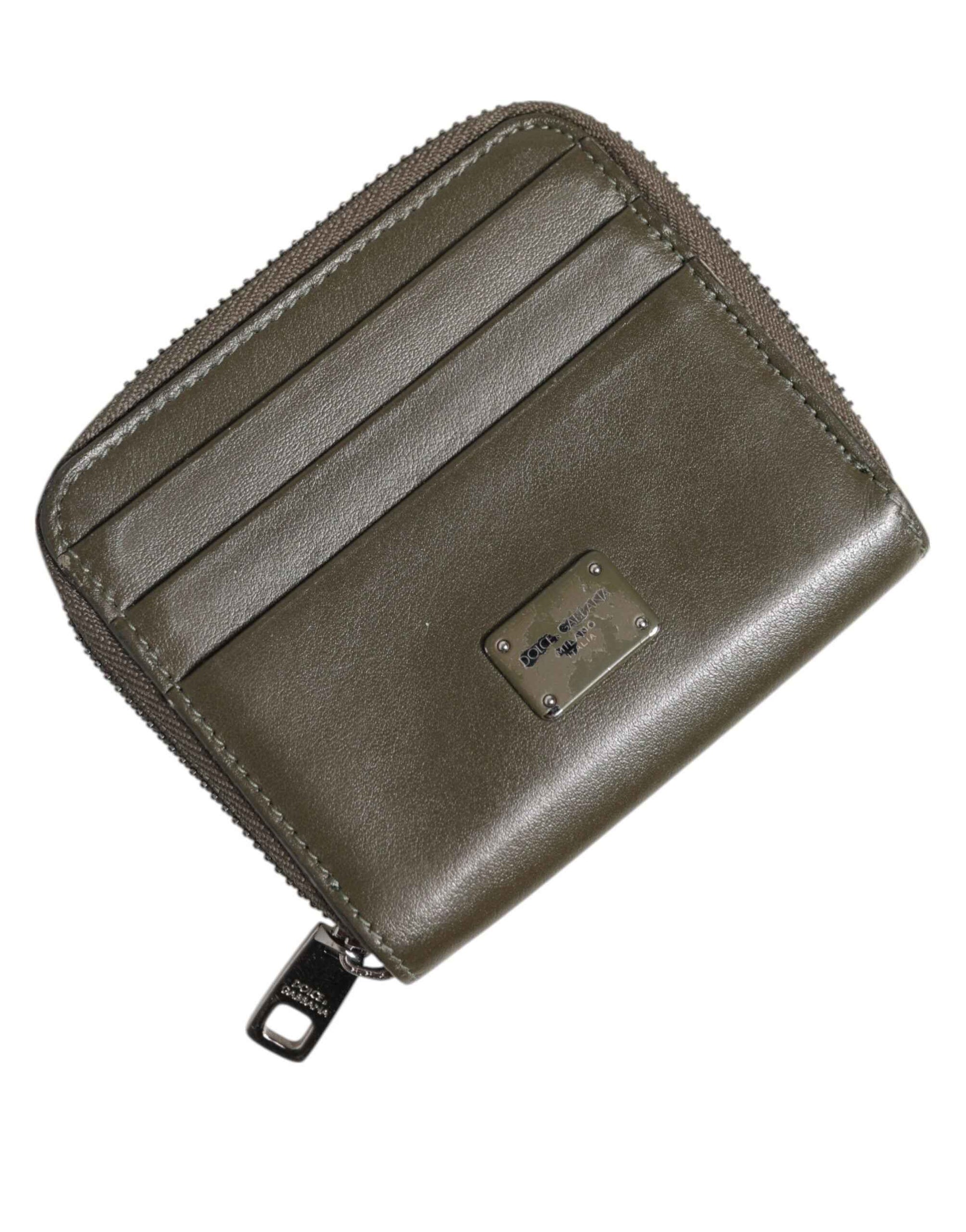 Brown Leather Logo Plaque Card Holder Coin Purse Wallet