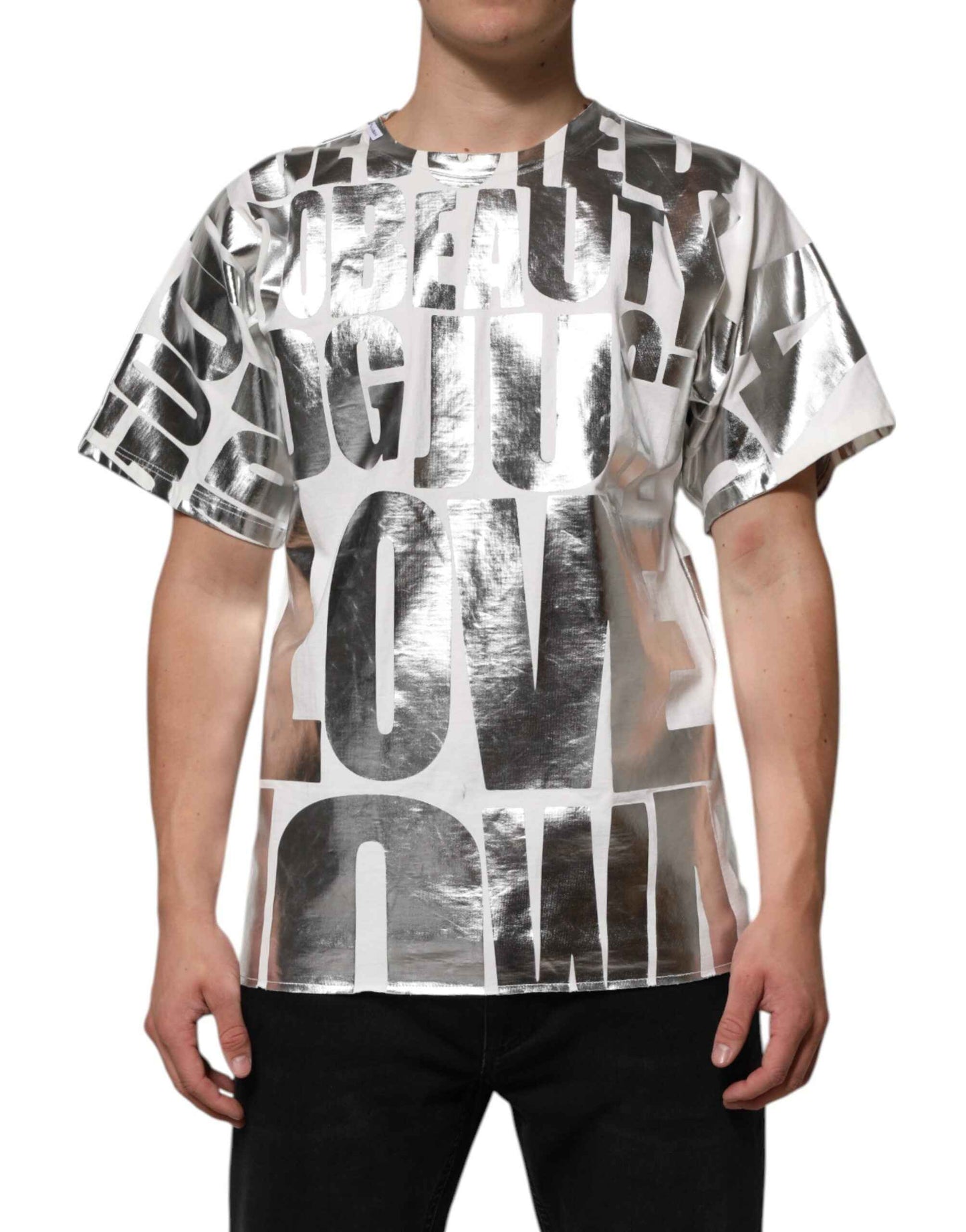 White Metallic Print Cotton CrewNeck T-shirt