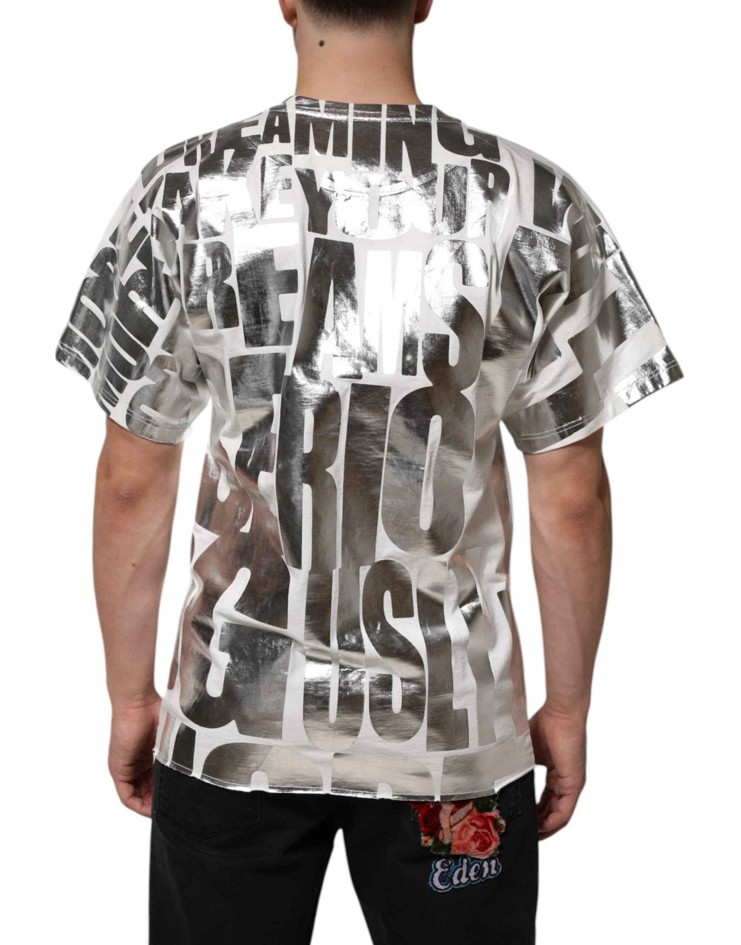 White Metallic Print Cotton CrewNeck T-shirt