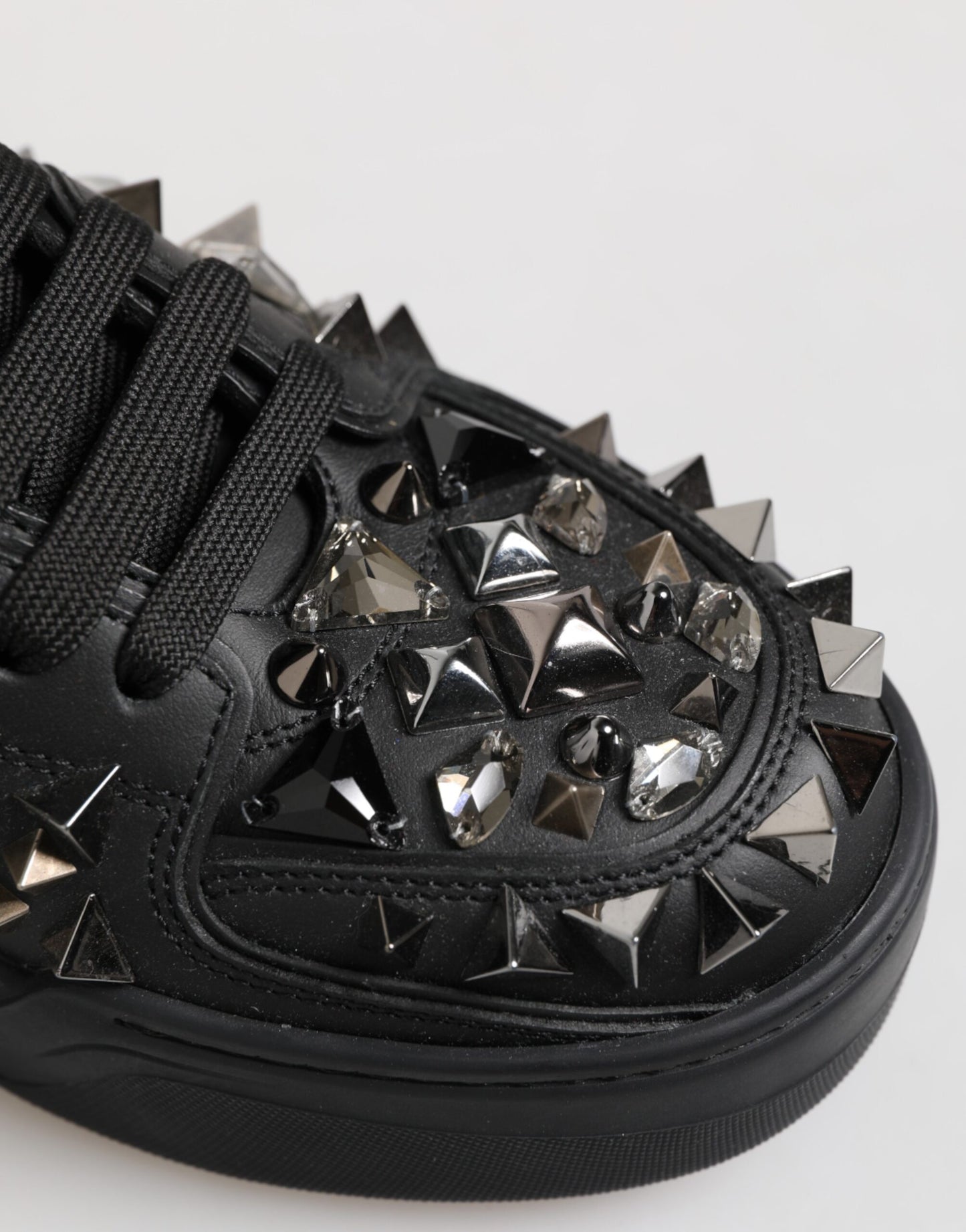 Black Leather Studded Low Top Sneakers Shoes