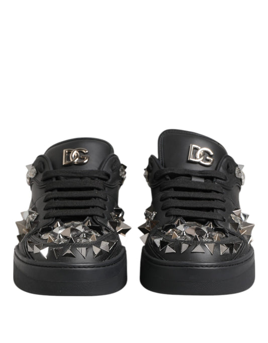 Black Leather Studded Low Top Sneakers Shoes