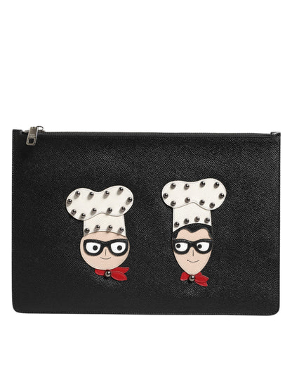 Black Leather #DGFAMILY Embellished Men Clutch Pouch Bag