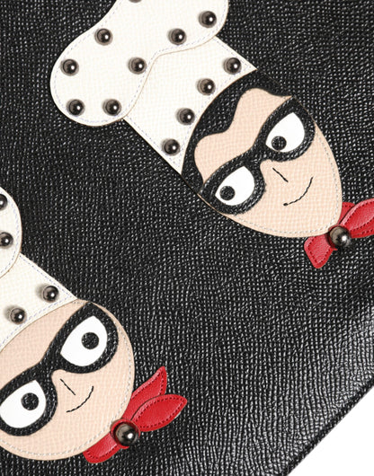 Black Leather #DGFAMILY Embellished Men Clutch Pouch Bag