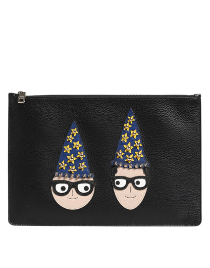 Black Leather #DGFAMILY Embellished Men Clutch Pouch Bag