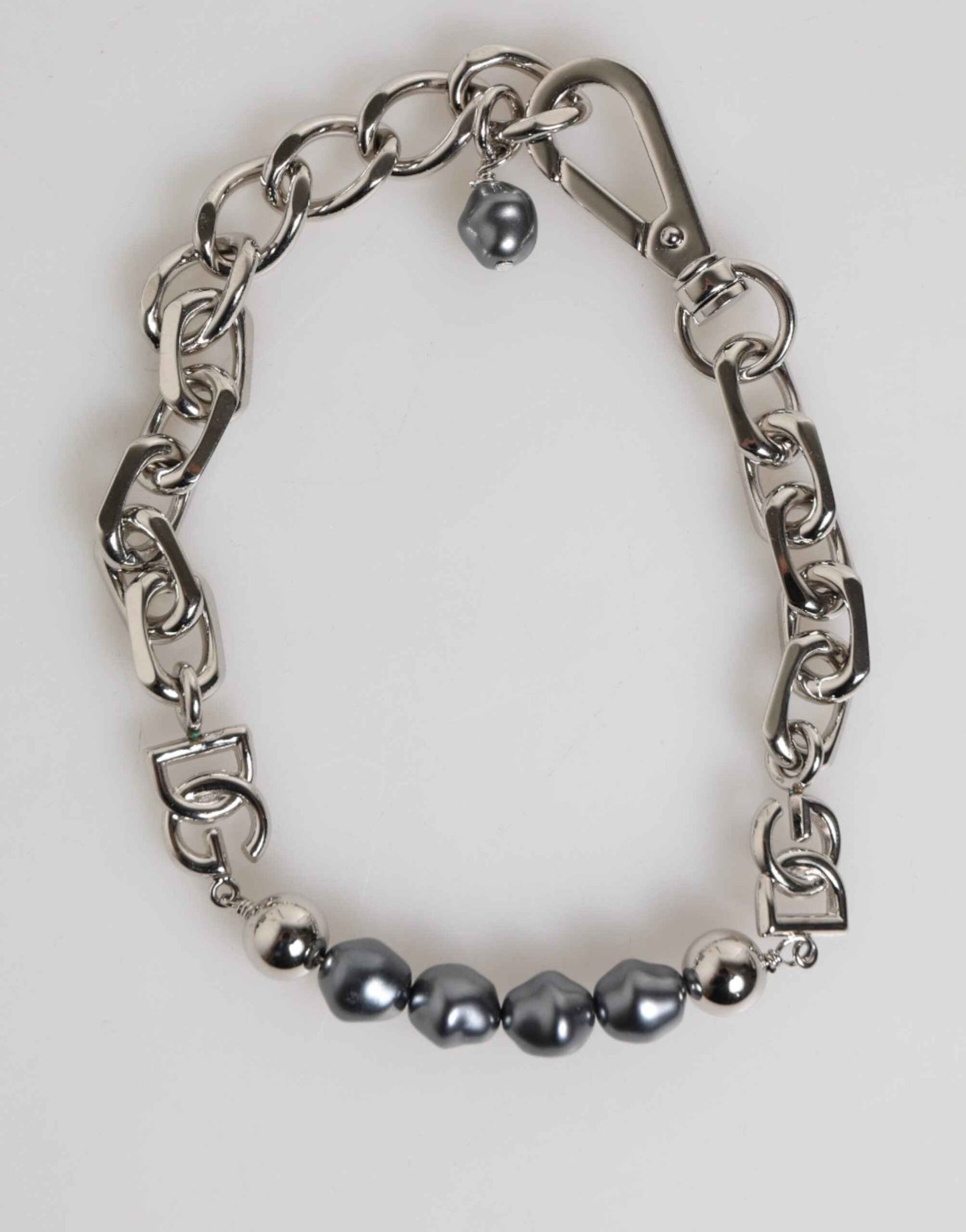 Silver Tone Chain Lobster Clasp Logo Gray Pearls Bracelet