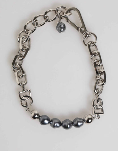 Silver Tone Chain Lobster Clasp Logo Gray Pearls Bracelet