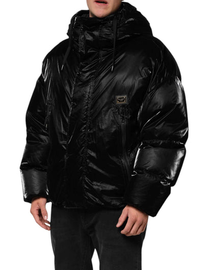Black Logo Full Zip Hooded Quilted Jacket