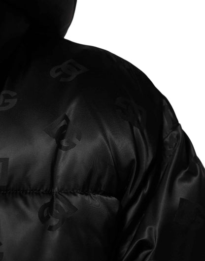 Black Monogram Logo Puffer Nylon Hooded Jacket