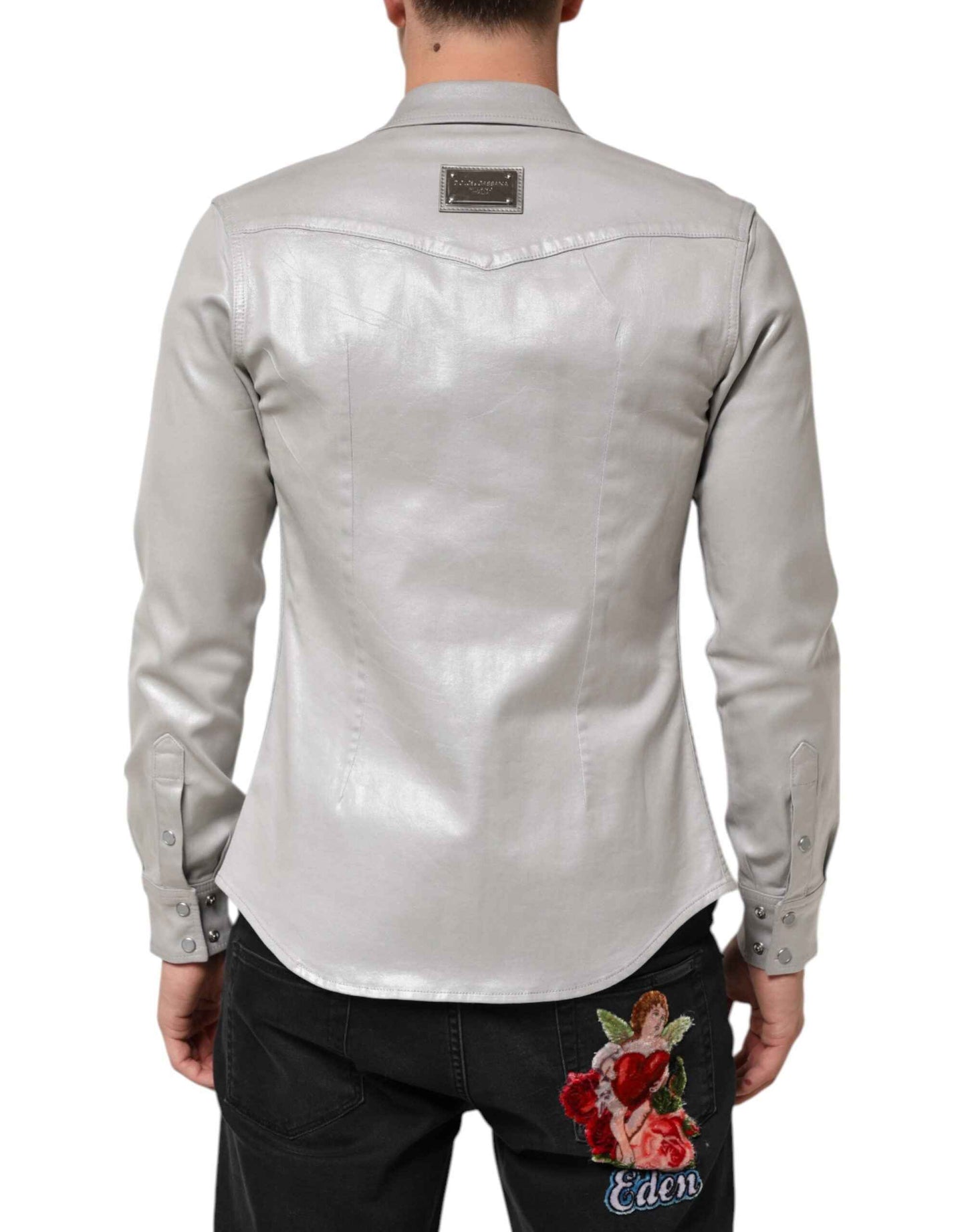 Metallic Gray Cotton Button Down Men Shirt