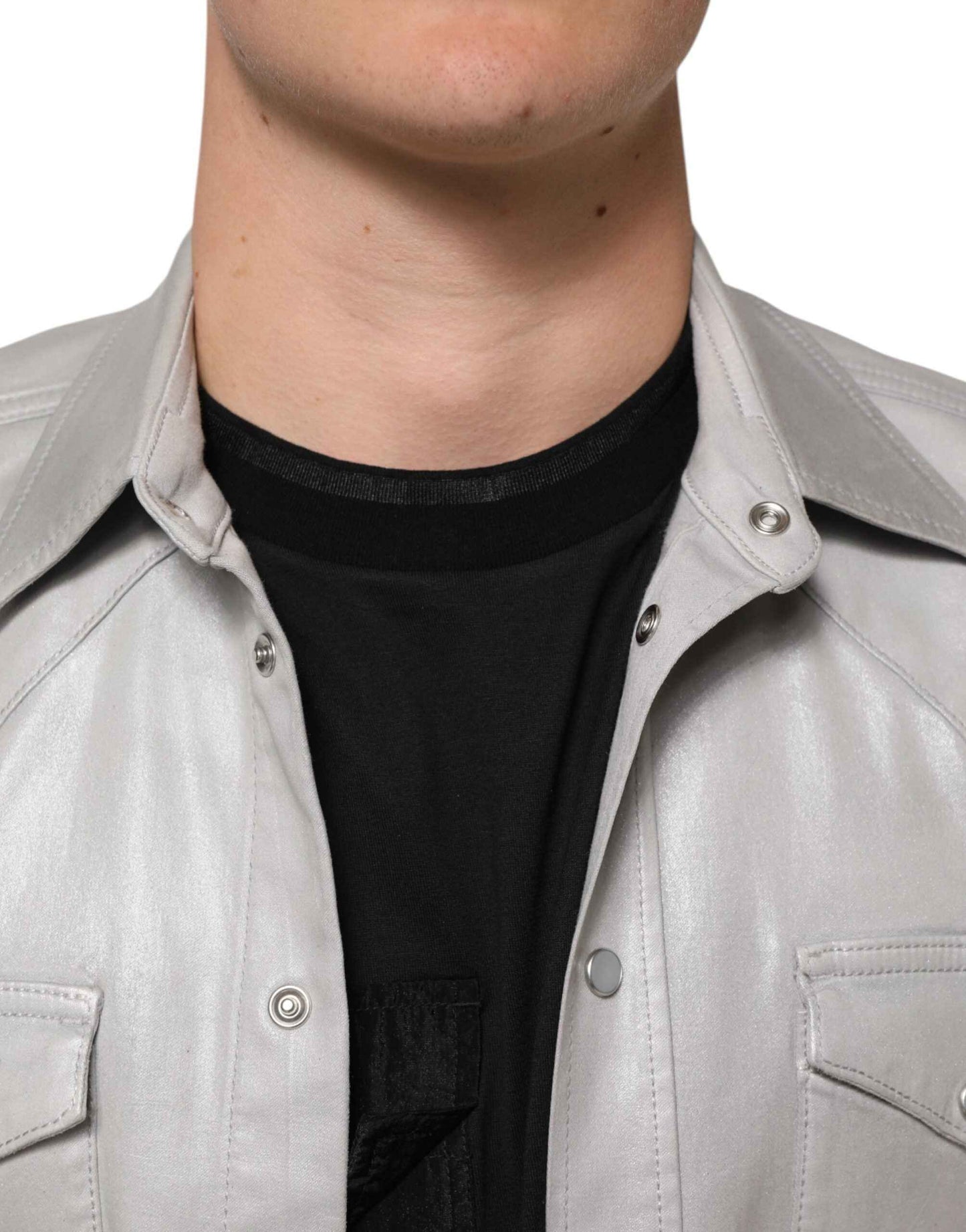 Metallic Gray Cotton Button Down Men Shirt