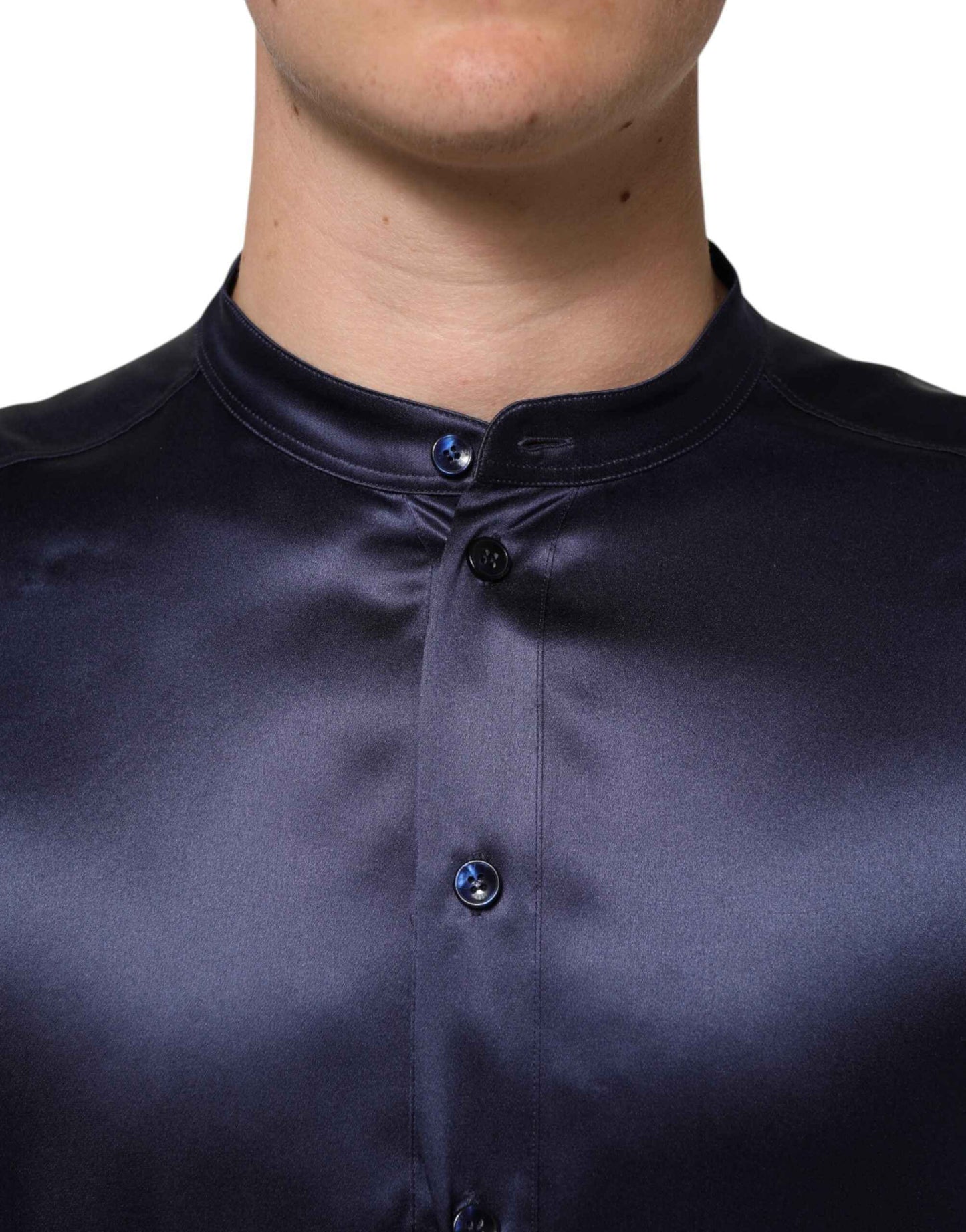 Navy Silk Long Sleeve Mandarin Collar Shirt