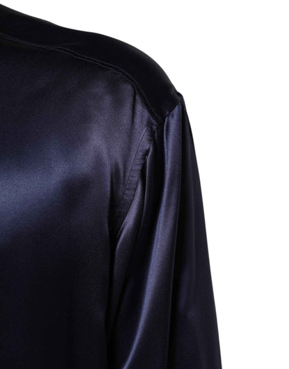 Navy Silk Long Sleeve Mandarin Collar Shirt