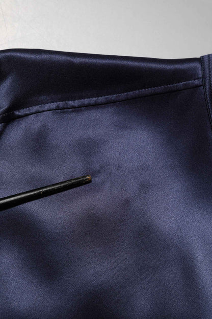 Navy Silk Long Sleeve Mandarin Collar Shirt