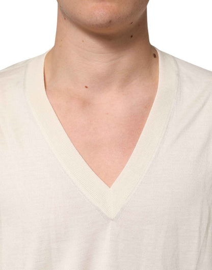 Ivory Virgin Wool Men V-Neck Knit Sweater