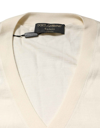 Ivory Virgin Wool Men V-Neck Knit Sweater
