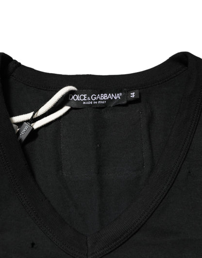 Black Cotton Tattered Logo V-Neck Men T-shirt