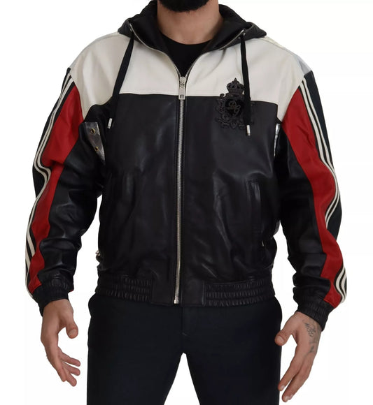 Black Leather Hooded Blouson Jacket