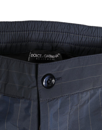 Navy Blue Polyester Pinstripe Men Shorts Swimwear
