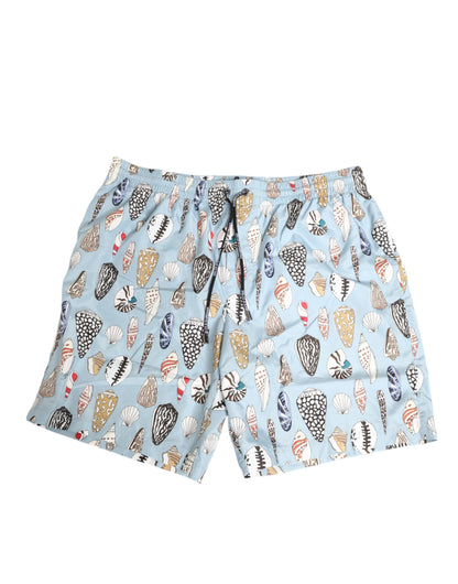 Blue Seashell Print Nylon Men Shorts Swimwear
