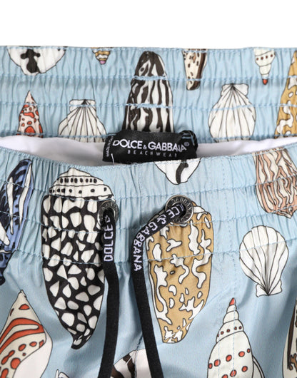 Blue Seashell Print Nylon Men Shorts Swimwear