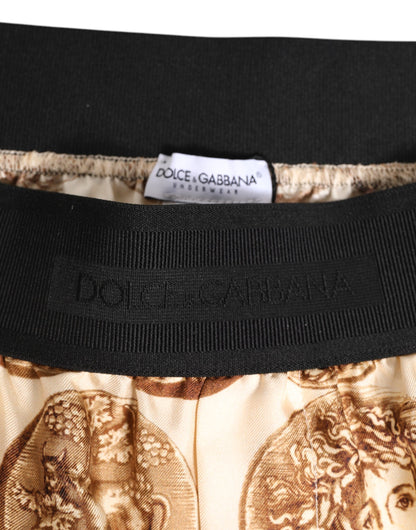 Brown Ancient Coin Print Silk Shorts Swimwear