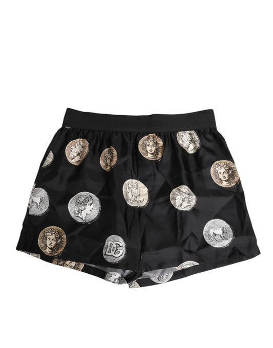 Black Silk Ancient Coin Print Boxer Short Swimwear