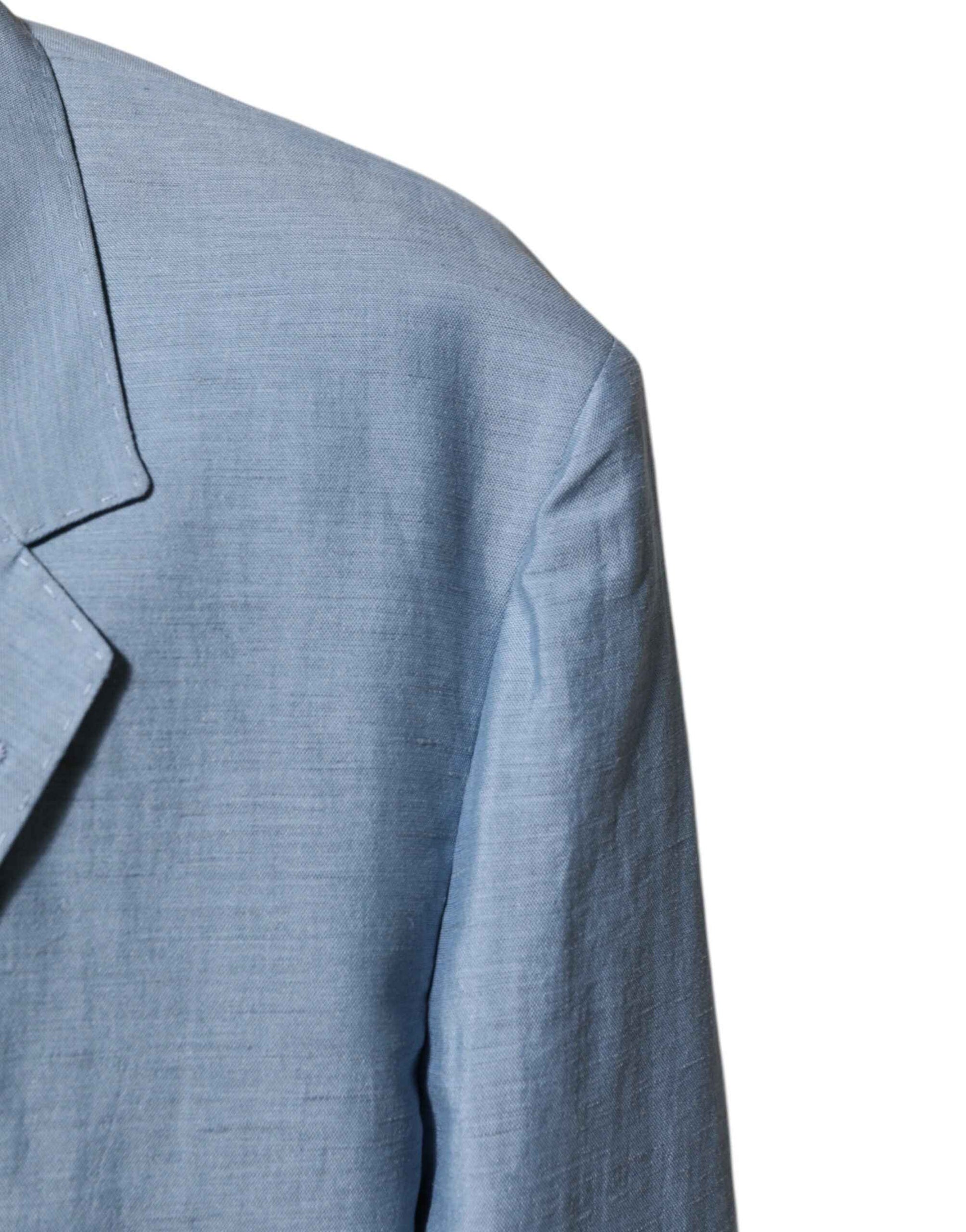 Light Blue Linen Double Breasted Men Jacket Blazer