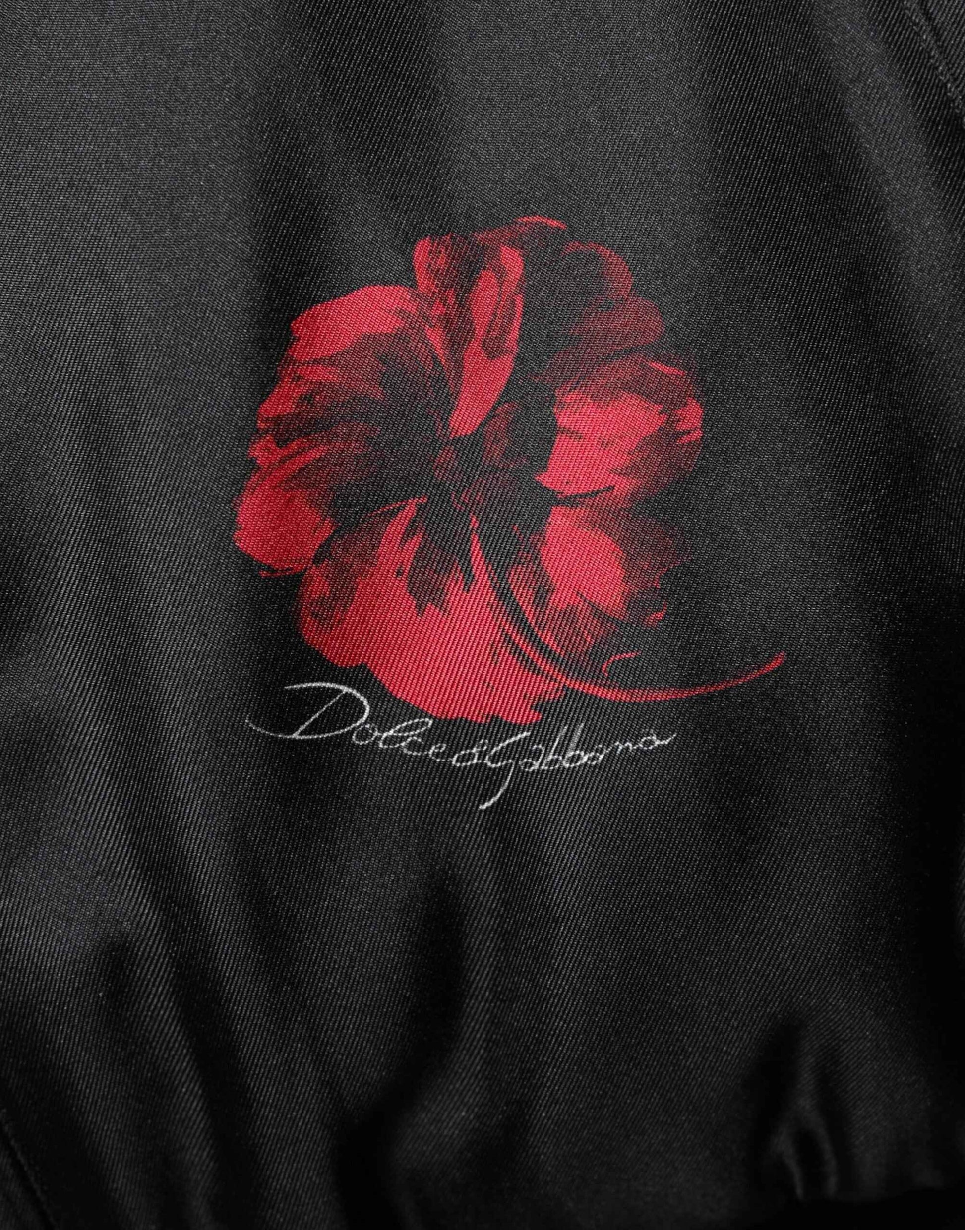 Black Red Floral Silk Bomber Blouson Jacket