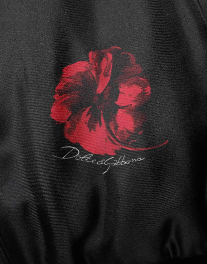 Black Red Floral Silk Bomber Blouson Jacket