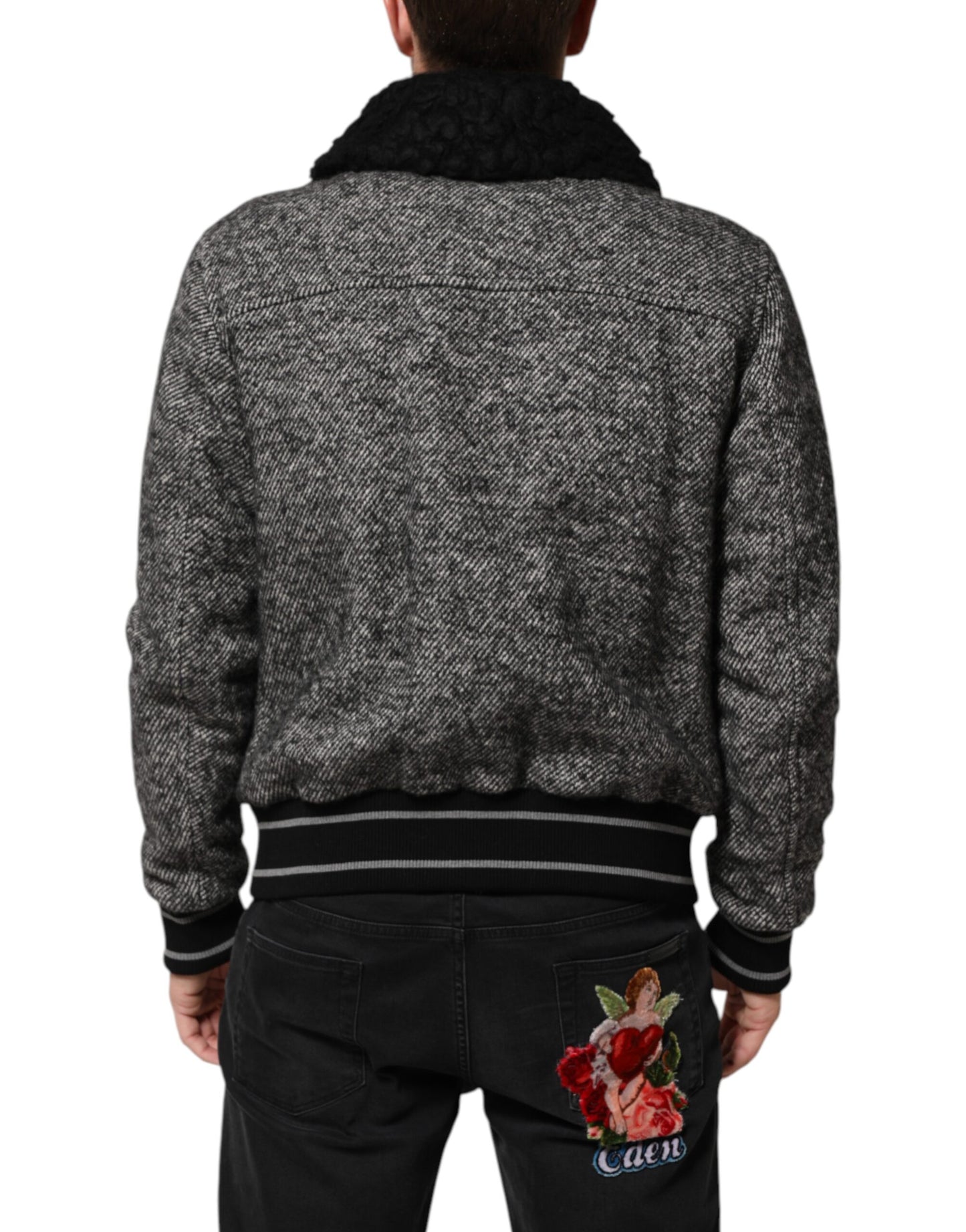 Gray Wool Herringbone Shearling Collar Bomber Jacket