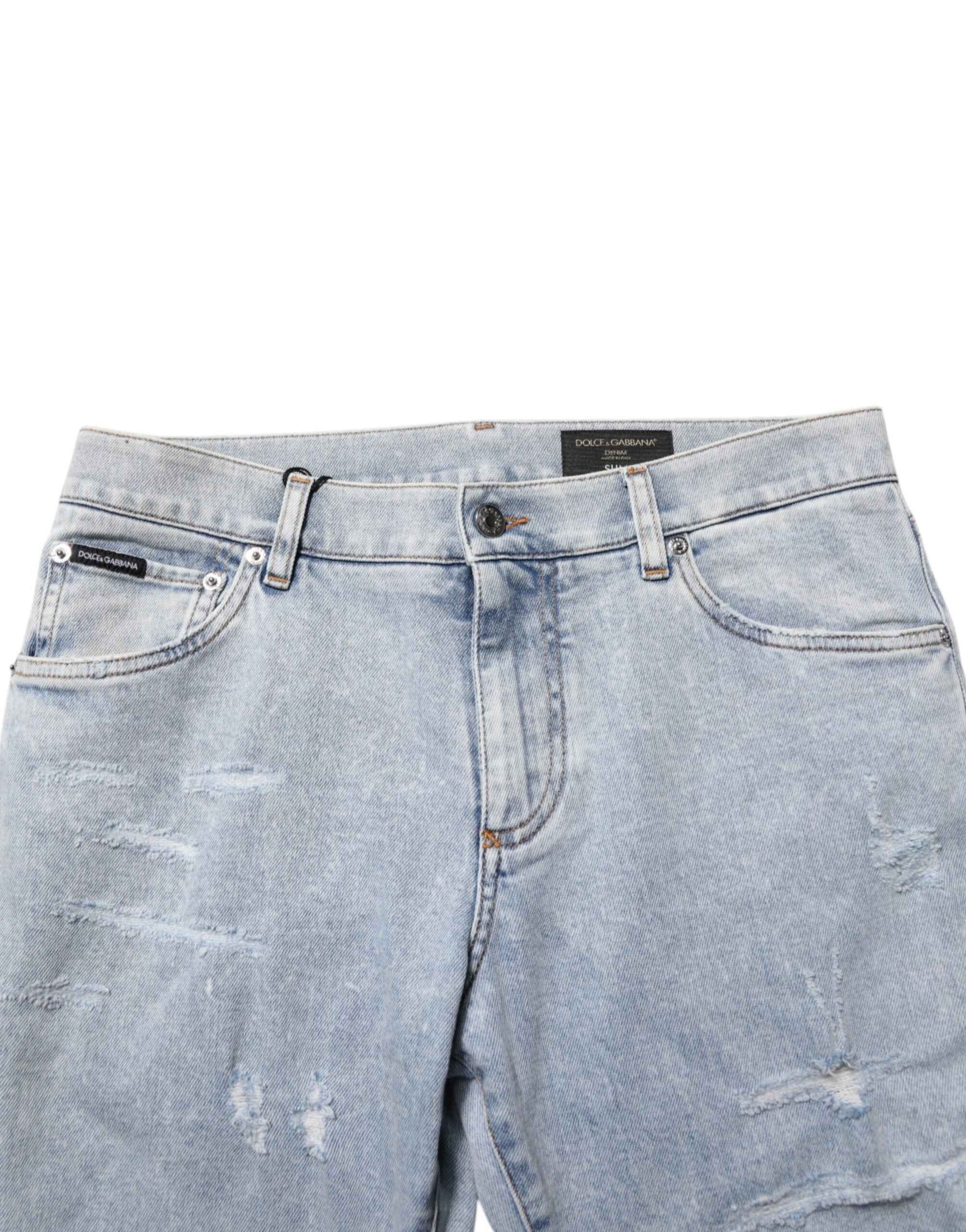 Light Blue Distressed Slim Fit Ripped Denim Jeans