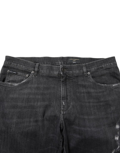 Black Cotton Slim Fit Distressed Ripped Logo Jeans
