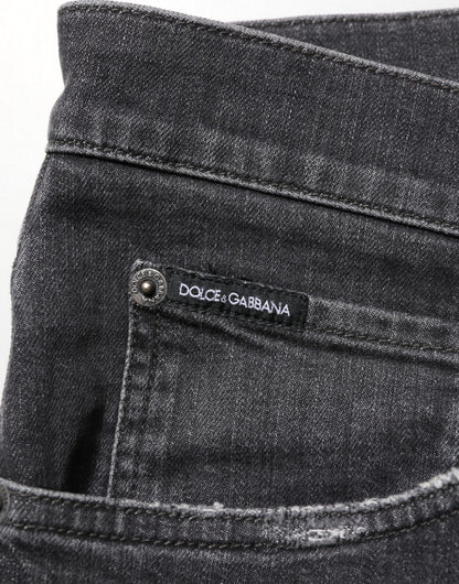 Black Cotton Slim Fit Distressed Ripped Logo Jeans