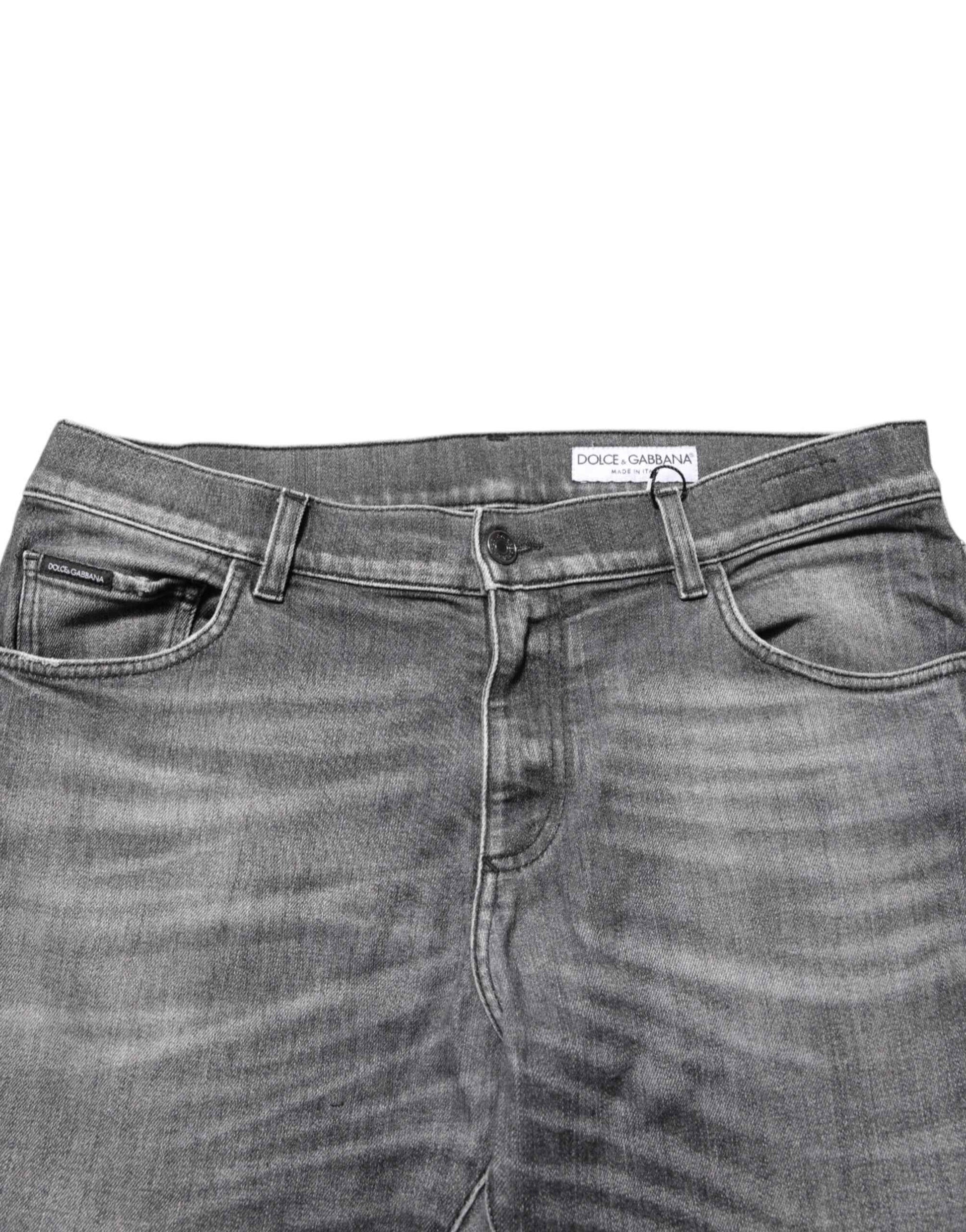 Grey Cotton Denim Slim Fit Distressed Pants Jeans